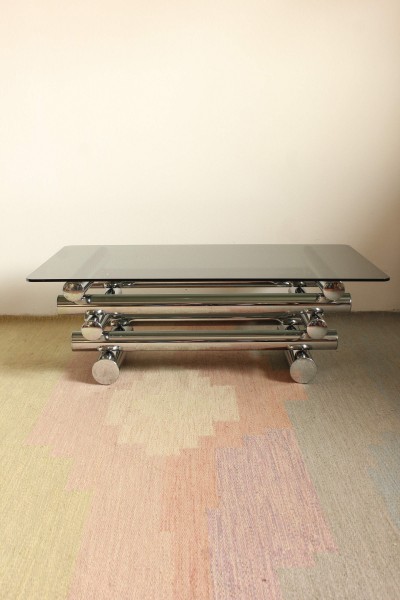 Rectangular coffee table in the style of Paul Mayen, smoked glass and metal
