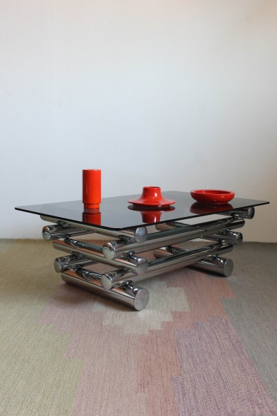 Rectangular coffee table in the style of Paul Mayen, smoked glass and metal