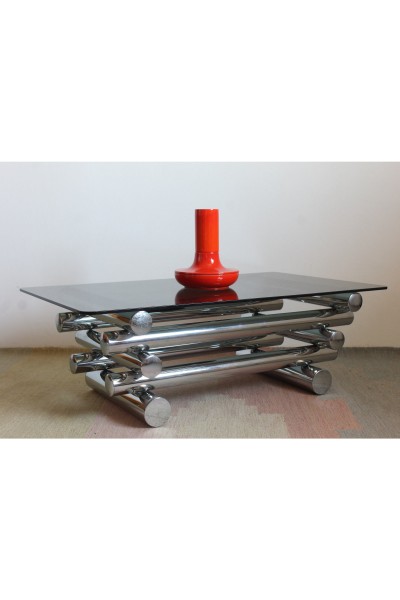 Rectangular coffee table in the style of Paul Mayen, smoked glass and metal