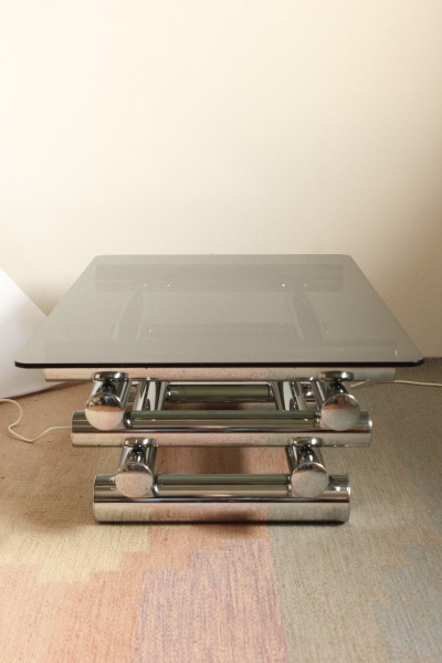 Rectangular coffee table in the style of Paul Mayen, smoked glass and metal