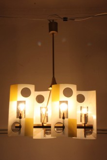 1950s brass chandelier with silk-screened glass, 2