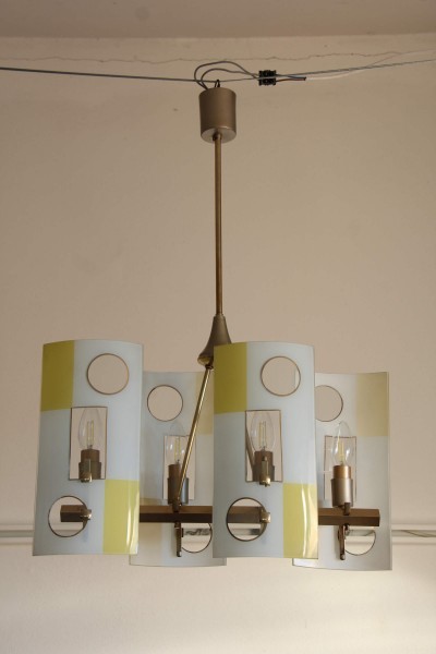 Lampadario anni '50  in ottone con vetri serigrafati