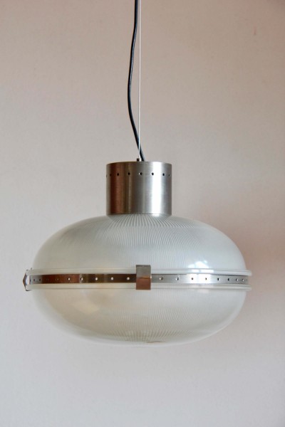 Lampadario a sospensione space age ottone nichelato e vetro