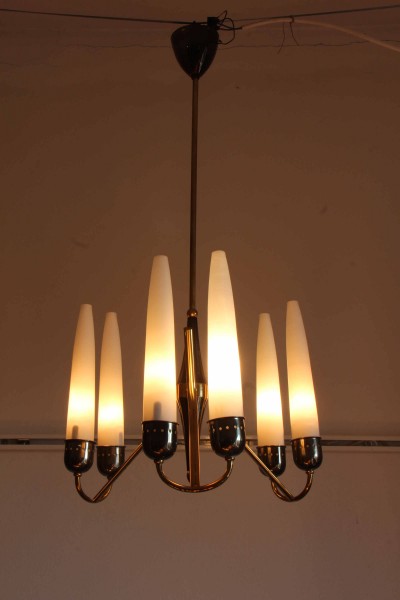 Suspension chandelier in brass and opal glass from the 60s, Italian manufacture