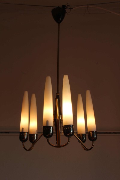 Suspension chandelier in brass and opal glass from the 60s, Italian manufacture
