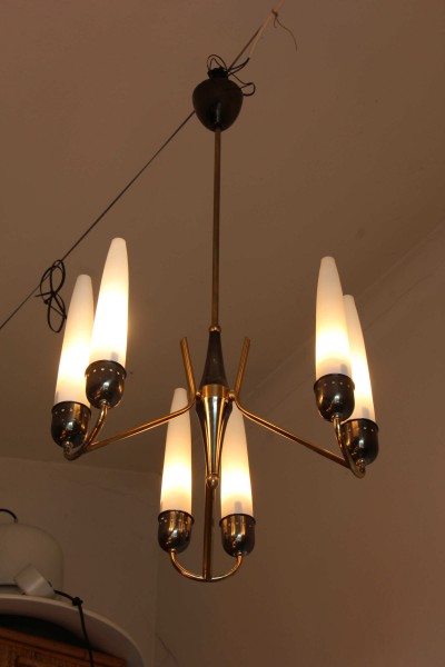 Suspension chandelier in brass and opal glass from the 60s, Italian manufacture