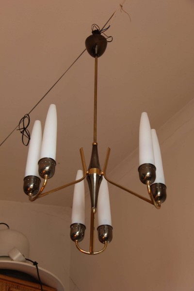Suspension chandelier in brass and opal glass from the 60s, Italian manufacture