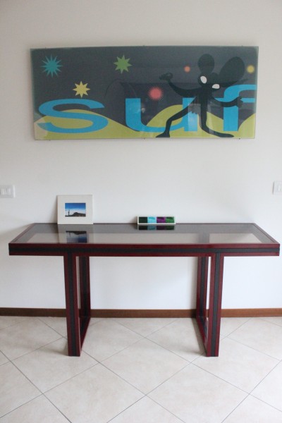 Console in the style of Romeo Rega in lacquered brass and crystal