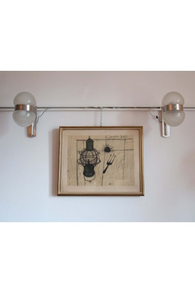 Set of 4 wall lights in nickel-plated and lacquered brass and matt blown glass from the 1960s.
