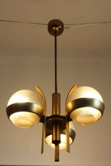Lampadario in ottone e vetro pulegoso, design...
