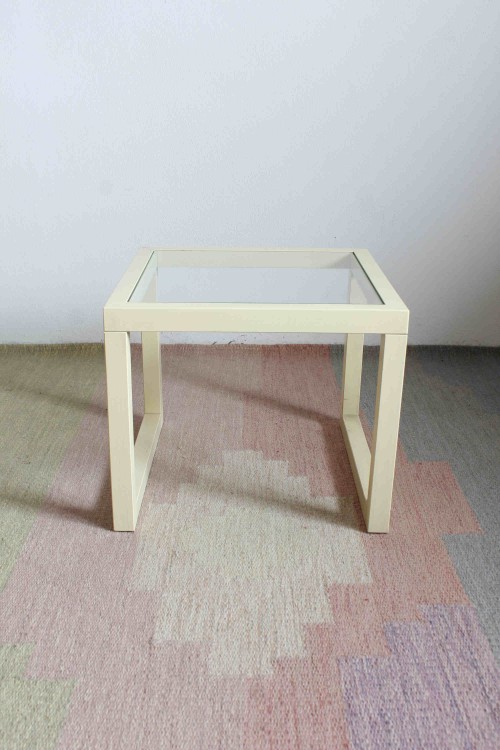 Tavolino a cubo in legno e vetro anni...