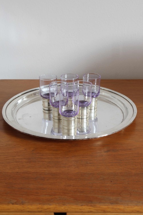 Set of 6 blown glass and silver glasses