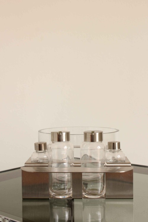 Glass and stainless steel salad bowl...
