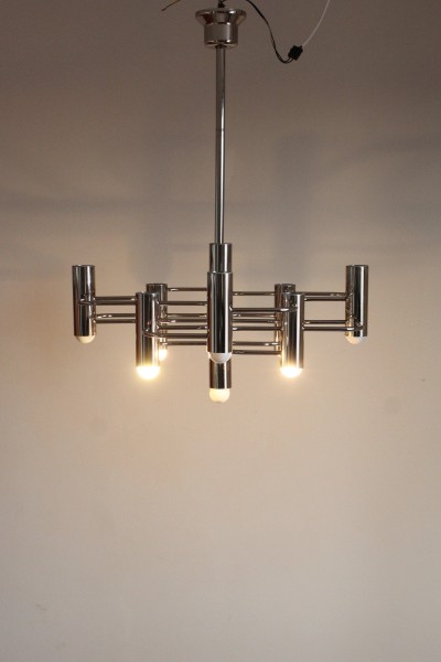 Lampadario a sospensione cromato nello stile di Gaetano Sciolari, anni '70