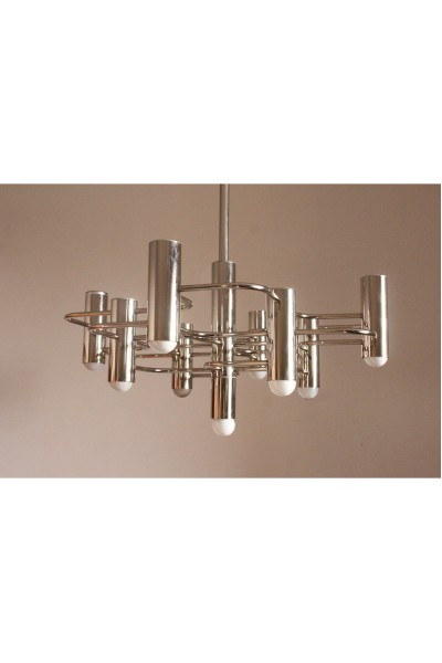 Lampadario a sospensione cromato nello stile di Gaetano Sciolari, anni '70