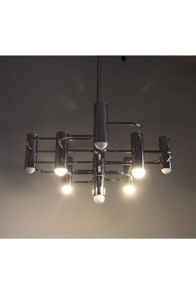 Lampadario a sospensione cromato nello stile di Gaetano Sciolari, anni '70