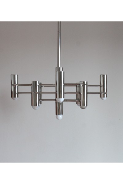Lampadario a sospensione cromato nello stile di Gaetano Sciolari, anni '70