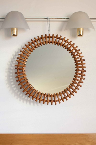 Specchio da parete rotondo in bambù sullo stile di Olaf Von Bohr