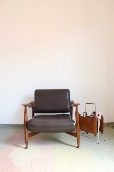 1960s wooden and imitation leather armchair, made in Italy