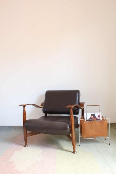 1960s wooden and imitation leather armchair, made in Italy