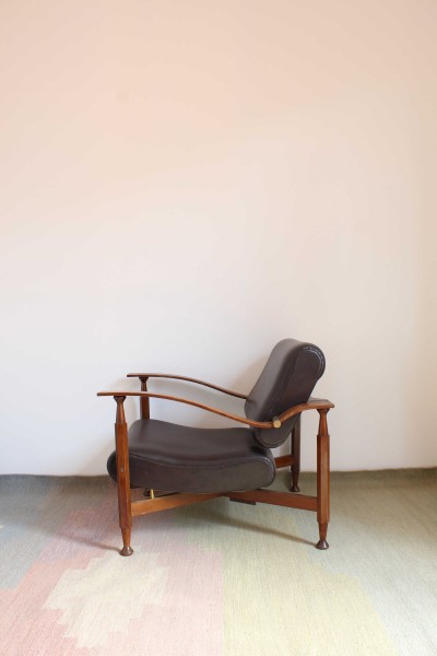 1960s wooden and imitation leather armchair, made in Italy