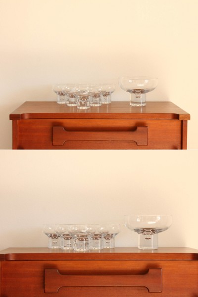 Set di 6 bicchieri e ciotola sullo stile Kosta Boda design Vicke Lindstrand