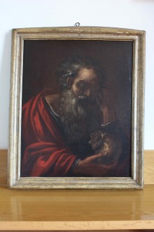 Antique oil painting on canvas, Saint Jerome in meditation with a skull.
