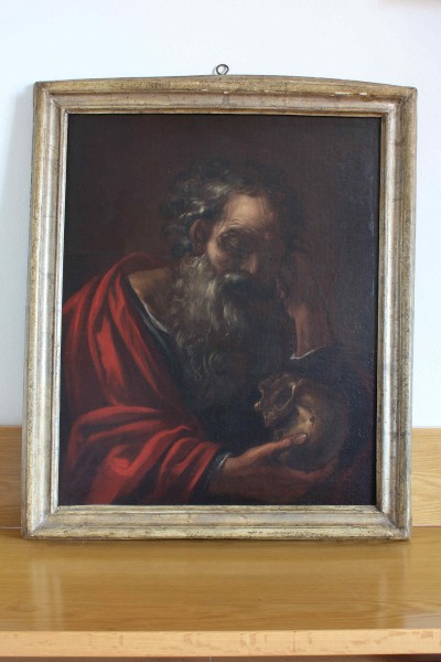 Dipinto olio su tela antico, San Girolamo in meditazione con teschio-