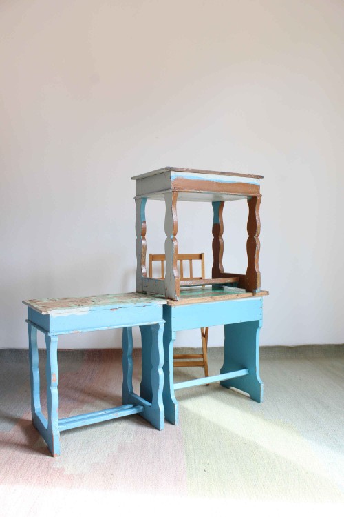 Set di 3 banchi d'asilo in legno anni...